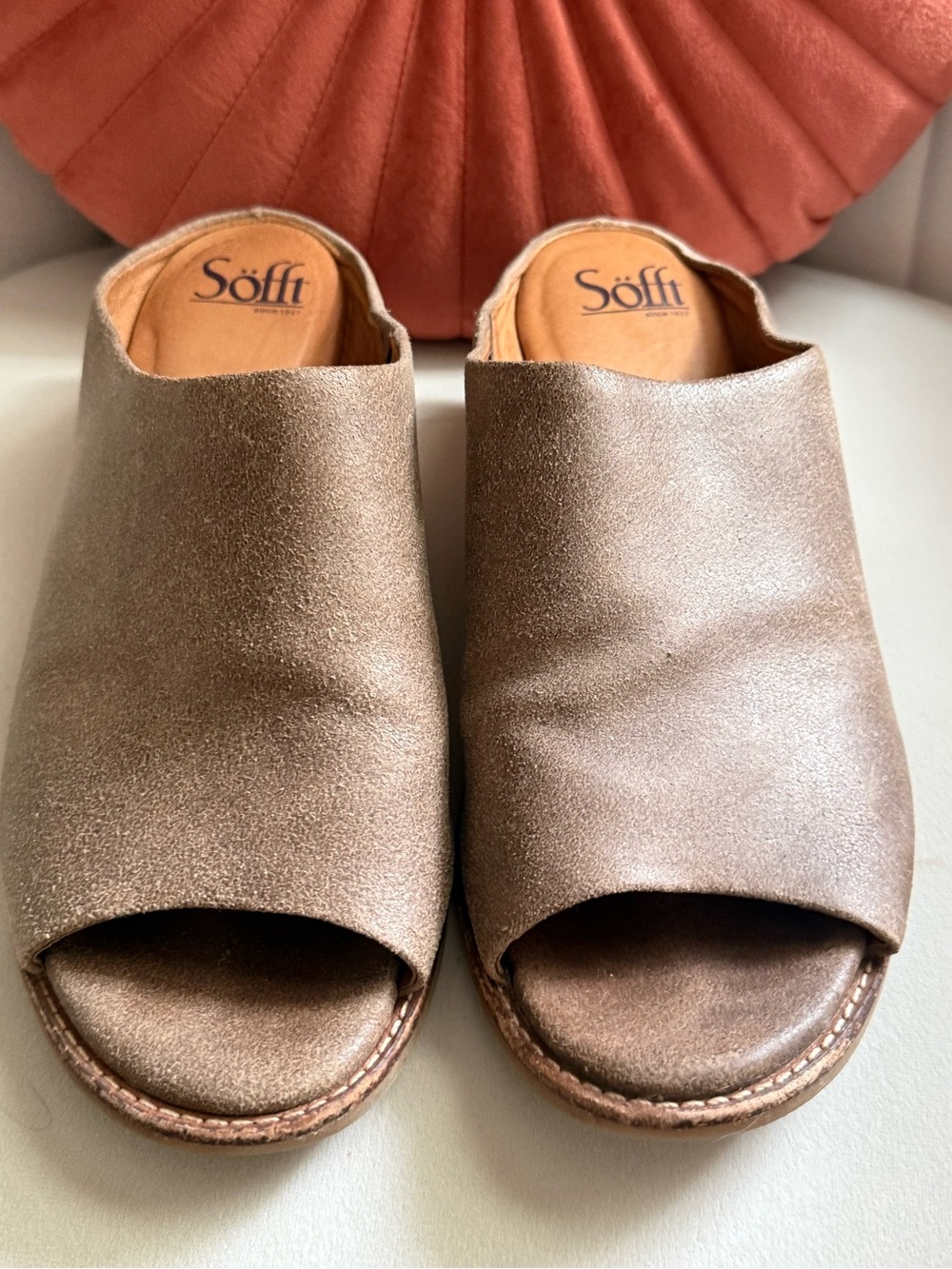 Söfft Taupe Open-Toe Slide Mules 9.5